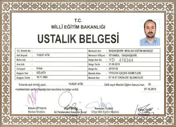 Et ürünleri ustalık belgesi